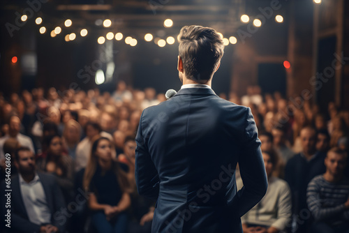 Motivational speaker with microphone performing on stage. Business meeting forum Startup CEO presents new products, and lectures on technology, entrepreneurship, leadership development. Generative A