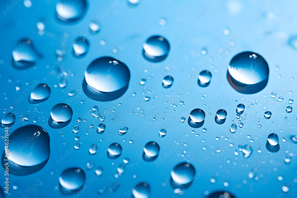 Closeup of clear water drops, dew or dripping rain isolated on blue background. Generative Ai