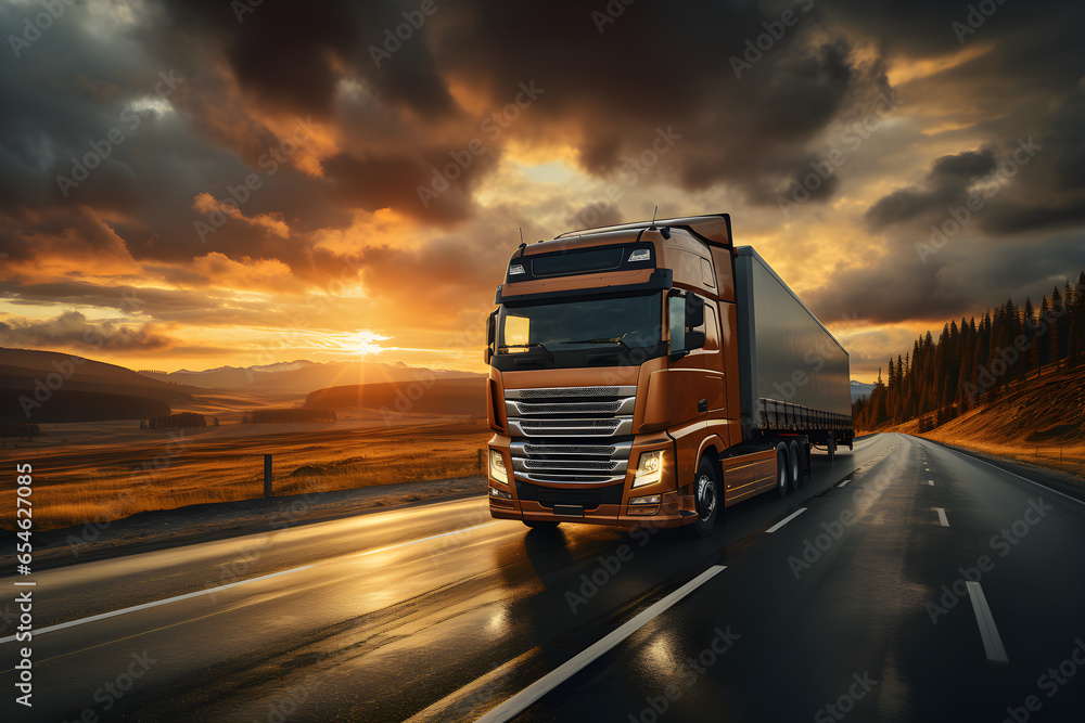 Truck driving on asphalt road in rural landscape at sunrise. Front view of delivery truck running on road with sunset. Fast delivery, cargo logistics and delivery concept. Generative Ai