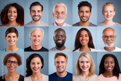 Collage of portraits and faces of smiling multiracial group of various diverse people for profile picture on grey background. Diversity concept. Generative Ai.