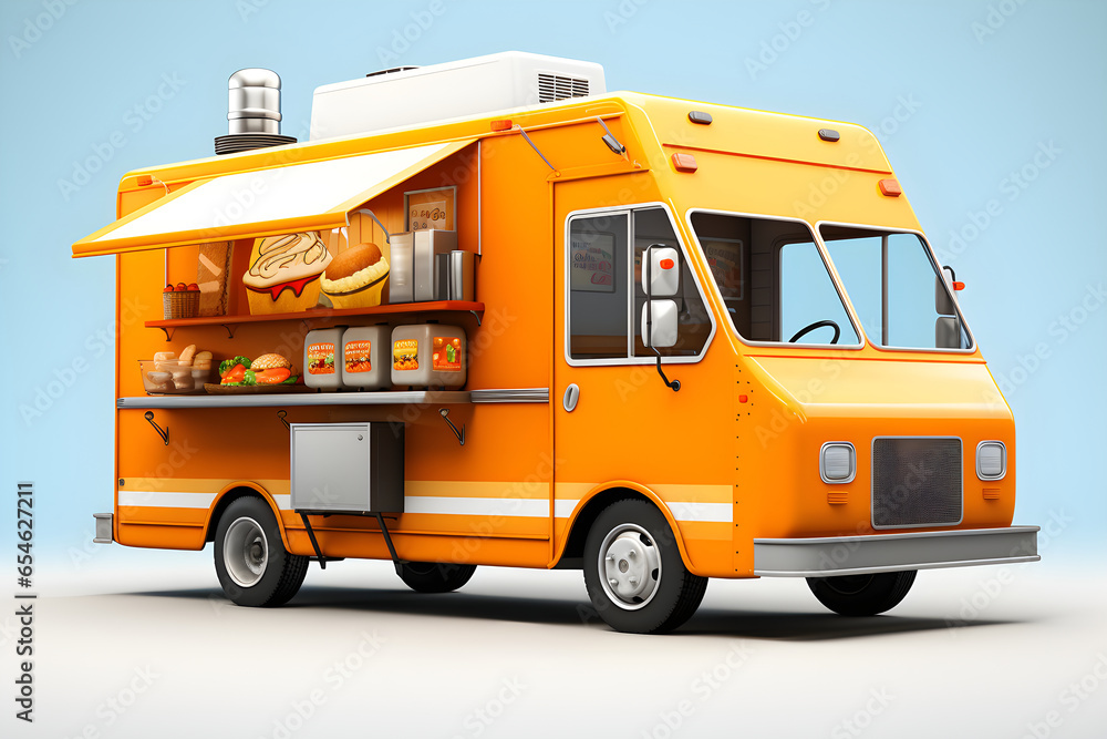 Yellow food truck illustration isolated on blue background. Takeaway food and drinks. Generative Ai
