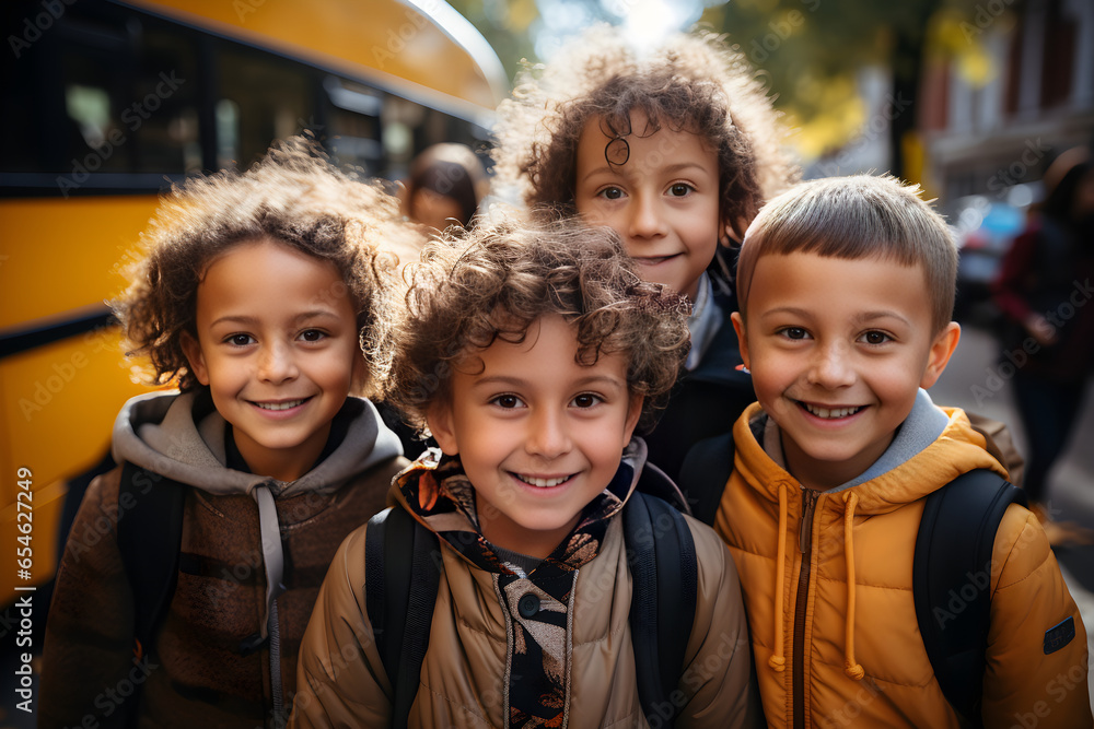 Group of adorable elementary school children in front of the school bus. Generative Ai