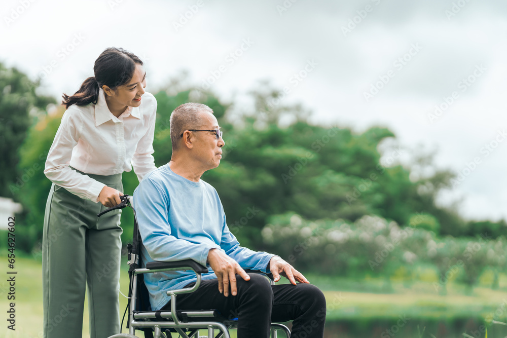 Asian people elderly man on wheelchair with caregiver nurse outdoor, , exemplifying the essence of holistic well-being and compassionate support. Nature Therapy Asian people elderly man on wheelchair with caregiver nurse outdoor, , exemplifying the essence of holistic well-being and compassionate support. Nature Therapy