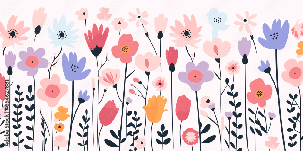 Wild flowers floral seamless pattern background. Good for fashion fabrics, children’s clothing, T-shirts, postcards, email header, wallpaper, banner, posters, events, covers, and more. Wild flowers floral seamless pattern background. Good for fashion fabrics, children’s clothing, T-shirts, postcards, email header, wallpaper, banner, posters, events, covers, and more.