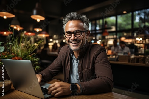 Portrait of smiling mature man wearing glasses sitting at cafe table using laptop