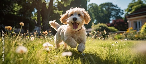 Happy pet dog playing on green grass lawn in full length portrait on summer day