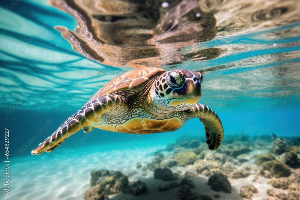 Obraz premium Sea Turtle swims in the warm waters of Ocean