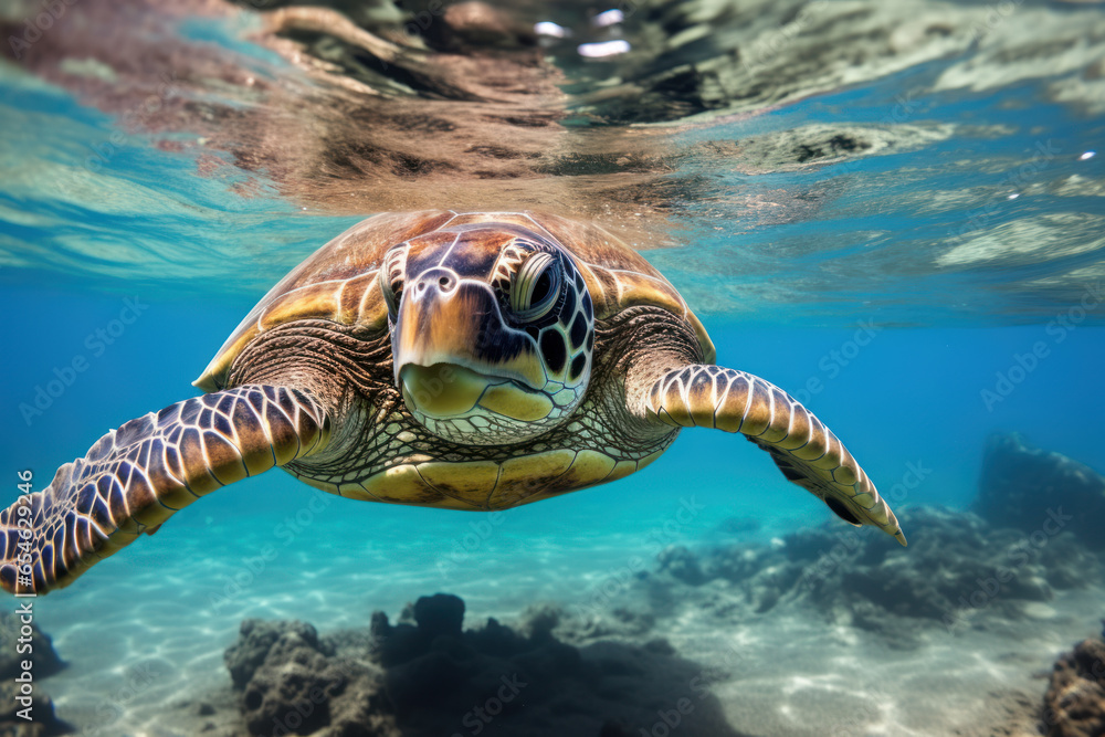 Fototapeta premium Sea Turtle swims in the warm waters of Ocean