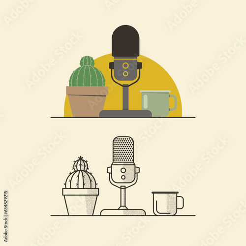 illustration of a podcast setup on the table (ID: 654629215)