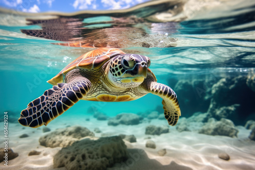 Sea Turtle swims in the warm waters of Ocean
