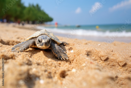 A Baby turtle walking on the beach sand © pariketan