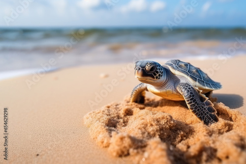 A Baby turtle walking on the beach sand © pariketan