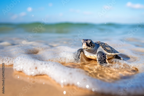 A Baby turtle walking on the beach sand