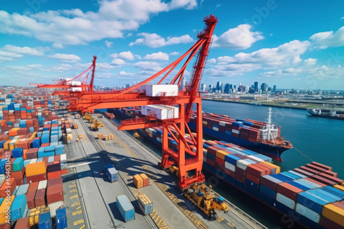 Natural lighting of busy seaport with cargo ships being loaded and unloaded in background of beautiful sky and sea. Delivery and distribution business concept.