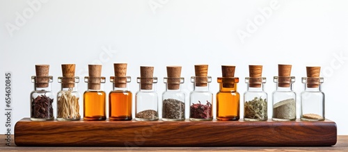 Homeopathic medicine bottles displayed on wooden board photo