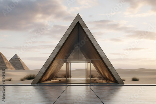 Glass triangular house in the desert with pyramids