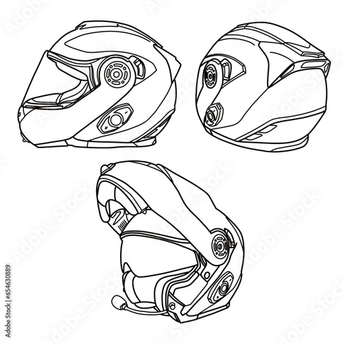 Technical sketch drawing of modular full face helmet with microphone line art, side and isometric view, flat sketch, isolated on white background, suitable for your full face helmet, editable color