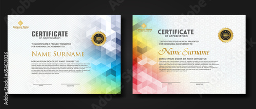 Set modern certificate template with gradation colorful polygon shape ornament