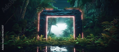 Fototapeta Naklejka Na Ścianę i Meble -  glowing portal in tropical forest with neon jungle vibes