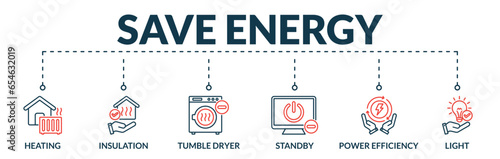 Banner of save energy web vector illustration concept with icons of heating, insulation, tumble dryer, standby, power efficiency, light