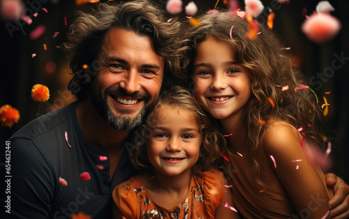 Happy family celebrating birthday with confetti. Generative AI