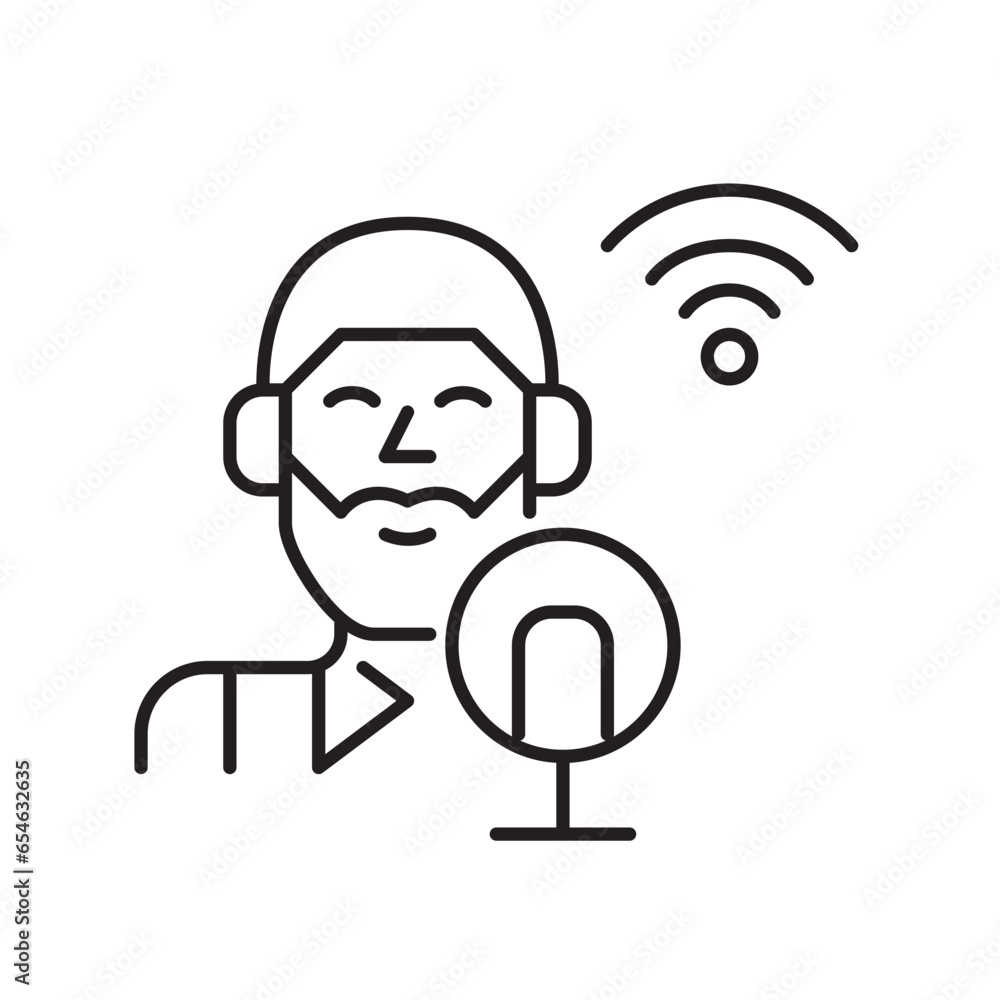 Young man with a bear at a studio microphone. Recording a podcast. Pixel perfect, editable stroke icon