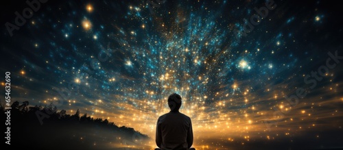 Man meditating with golden stars spiritual enlightenment