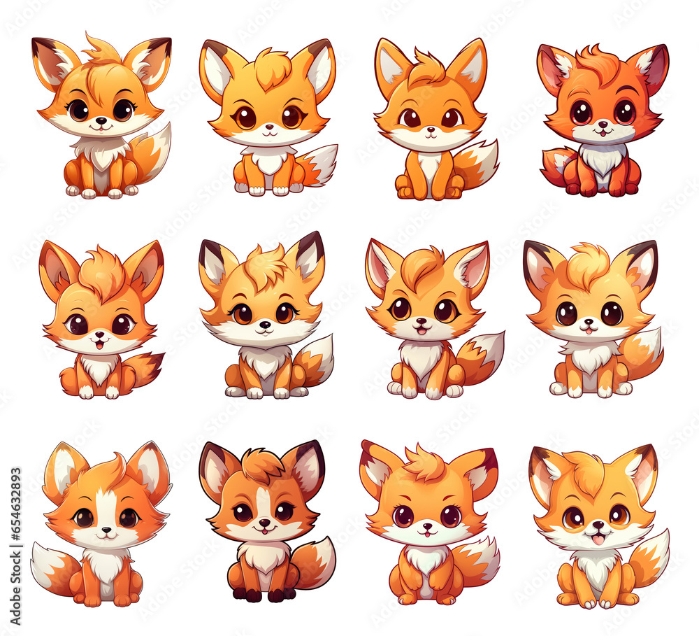 cute fox illustrations set. set of cute chibi fox icons. funny fox stickers collection.