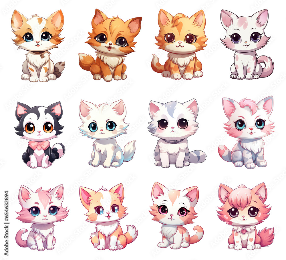 cute cat illustrations set. set of cute chibi cat icons. funny cat stickers collection.