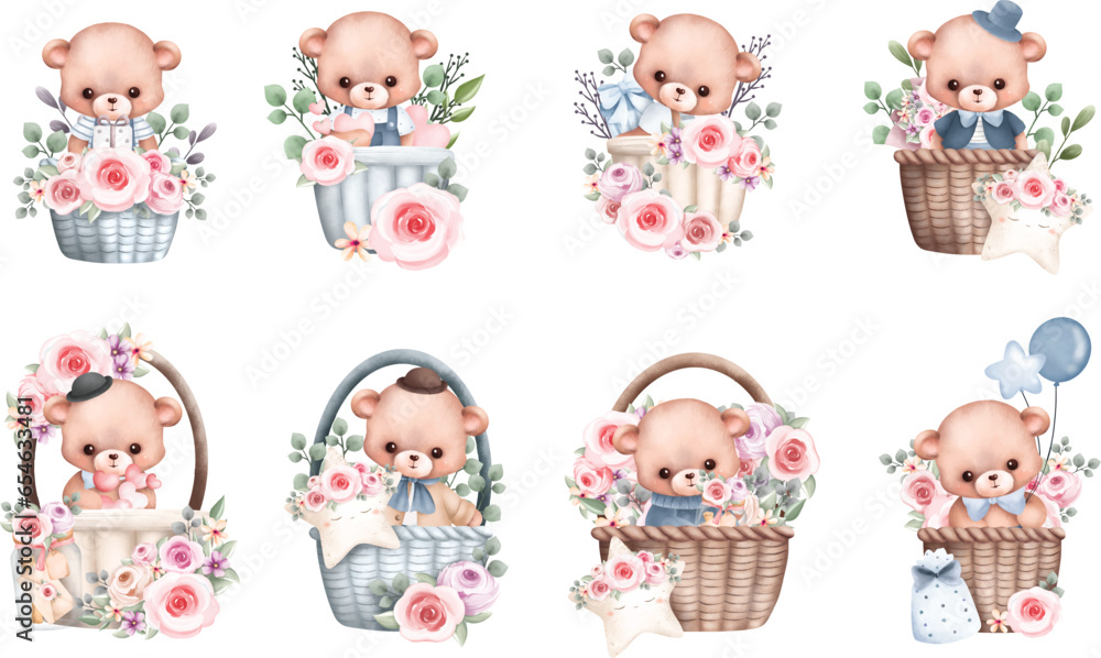Watercolor Illustration set of cute teddy bear in basket with flower wreath Watercolor Illustration set of cute teddy bear in basket with flower wreath