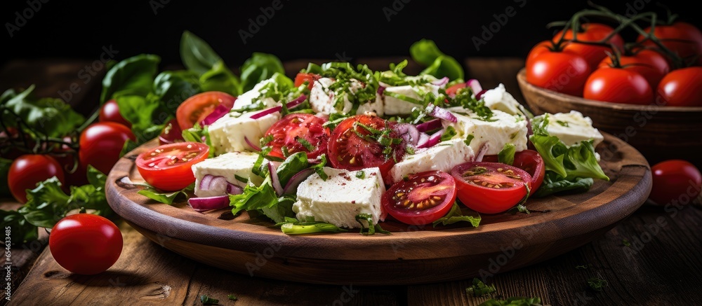 Delicious salad with manouri cheese and fresh veggies on wooden table