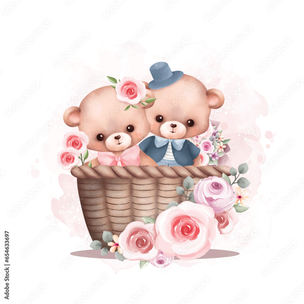 Watercolor Illustration cute couple teddy bear in basket with flower wreath Watercolor Illustration cute couple teddy bear in basket with flower wreath
