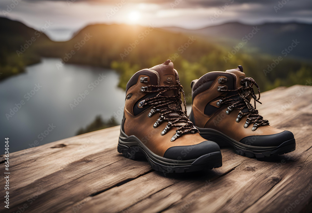 Hiking Boots. AI generated. Outdoor Adventure. Trekking. Footwear Essentials. Trail Blazing. Durable Boots. Wilderness. Explore Nature. All Terrain. Hike In Style. Rugged Terrain. Waterproof Boots. Na