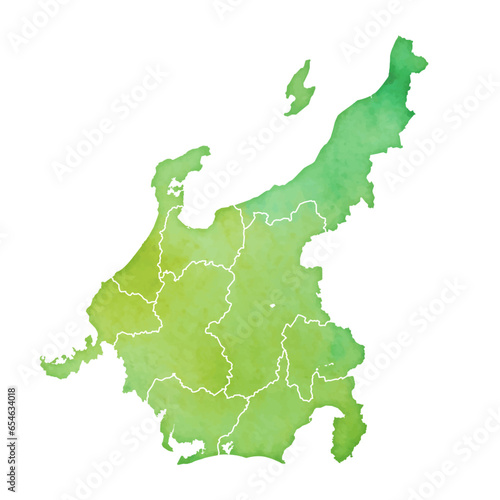 水彩風の地図　中部地方のイラスト（県境あり）