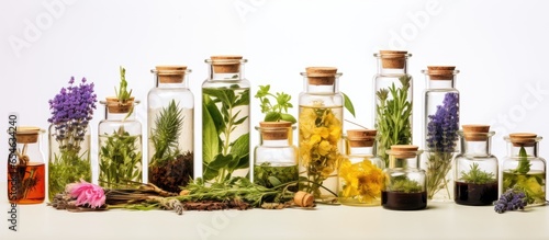 Concept of alternative medicine Natural remedies and medicinal containers photo