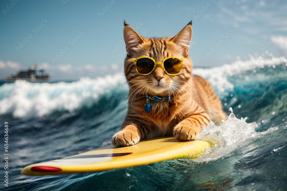 Obraz premium Pets are in style while surfing on the beach