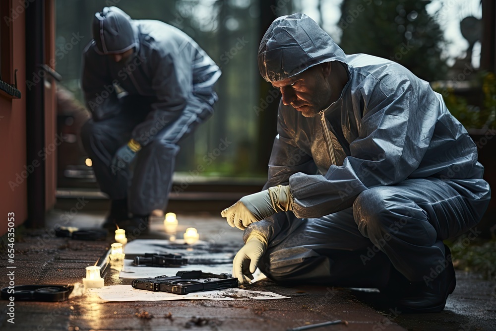 Cdetective criminologist and a detective working together at a crime scene ...