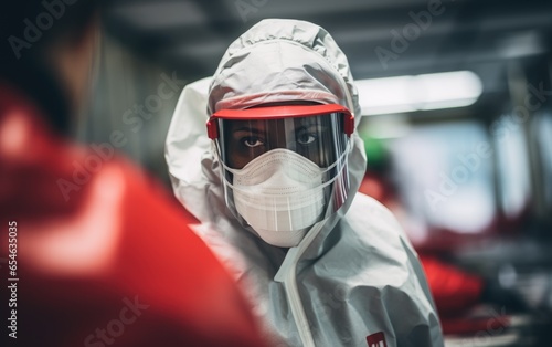 An aid worker in protective gear, combating infectious disease outbreaks in challenging environments. Generative AI © piai