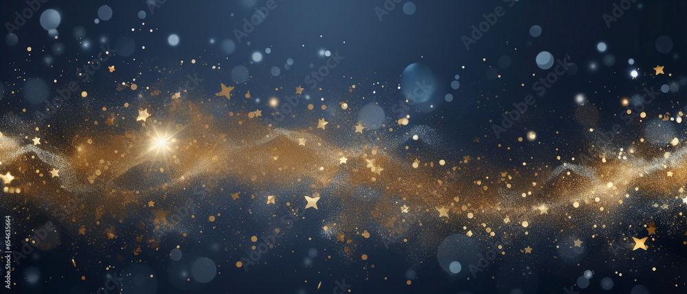 New year, Christmas background with gold stars and sparkling. Abstract background with Dark blue and gold particle. Christmas Golden light shine particles bokeh on navy background. - obrazy, fototapety, plakaty 