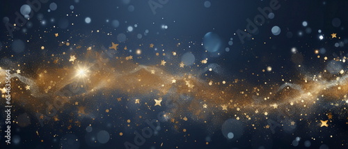 New year, Christmas background with gold stars and sparkling. Abstract background with Dark blue and gold particle. Christmas Golden light shine particles bokeh on navy background.