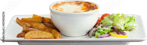 Digital png photo of meal with baked potatoes and salad on transparent background
