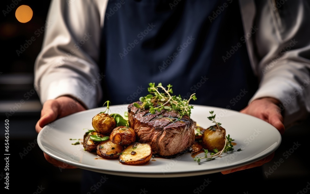 Chef holding a plate with a mouth watering grilled filet mignon, accompanied by roasted fingerling potatoes and caramelized Brussels sprouts. Generative AI Chef holding a plate with a mouth watering grilled filet mignon, accompanied by roasted fingerling potatoes and caramelized Brussels sprouts. Generative AI