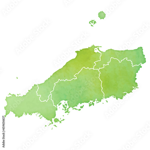 水彩風の地図　中国地方のイラスト（県境あり）