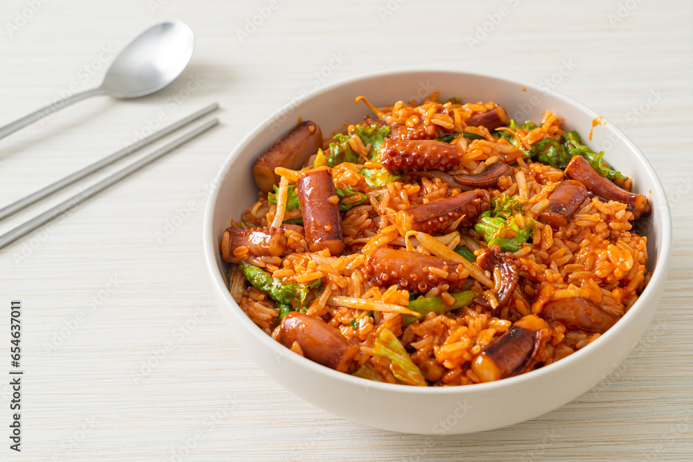 Stir-fried squid or octopus with Korean spicy sauce rice bowl Stir-fried squid or octopus with Korean spicy sauce rice bowl
