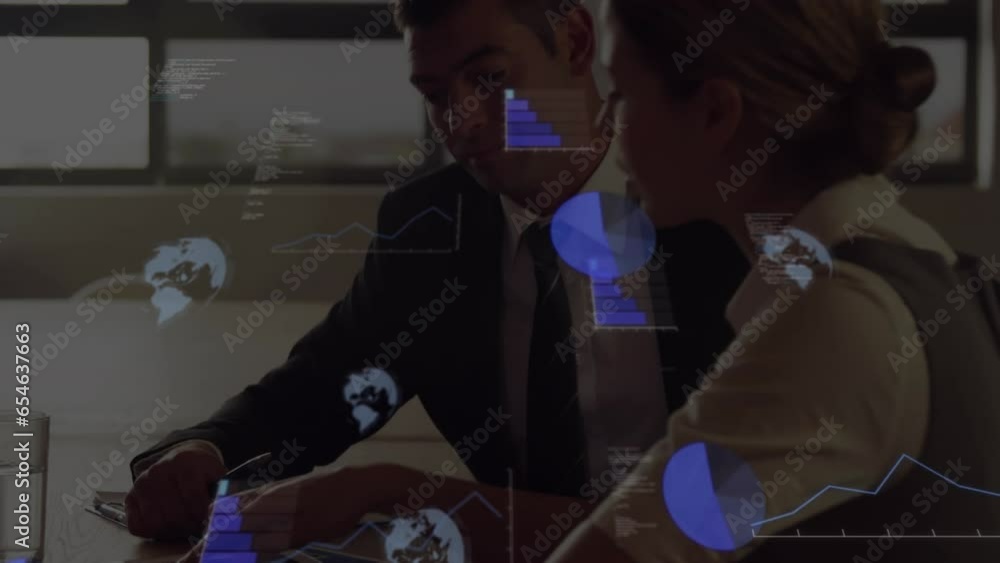 Animation of globes, radars, graphs over caucasian coworkers sharing ideas in office Animation of globes, radars, graphs over caucasian coworkers sharing ideas in office