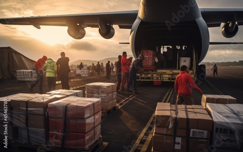 Aid workers unloading medical supplies from a cargo plane in a remote area. Generative AI