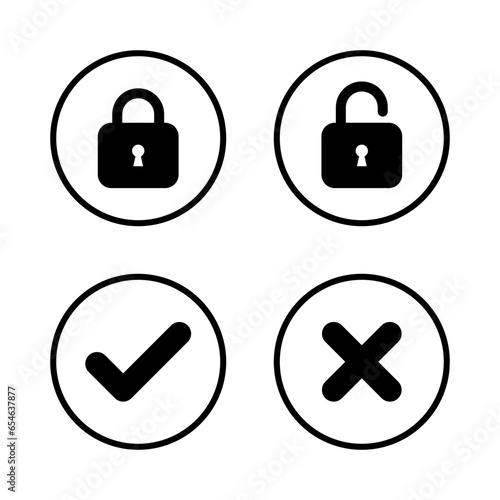 Lock, unlock, check and x cross icon vector in circle line
