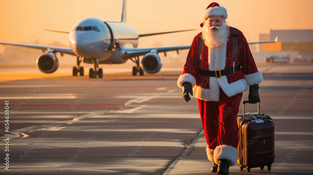 Generative AI, cheerful Santa Claus smiling against the background of a large passenger plane on the runway at the airport, new year, birth, holiday travel, air transport, fairy-tale character, winter - obrazy, fototapety, plakaty 