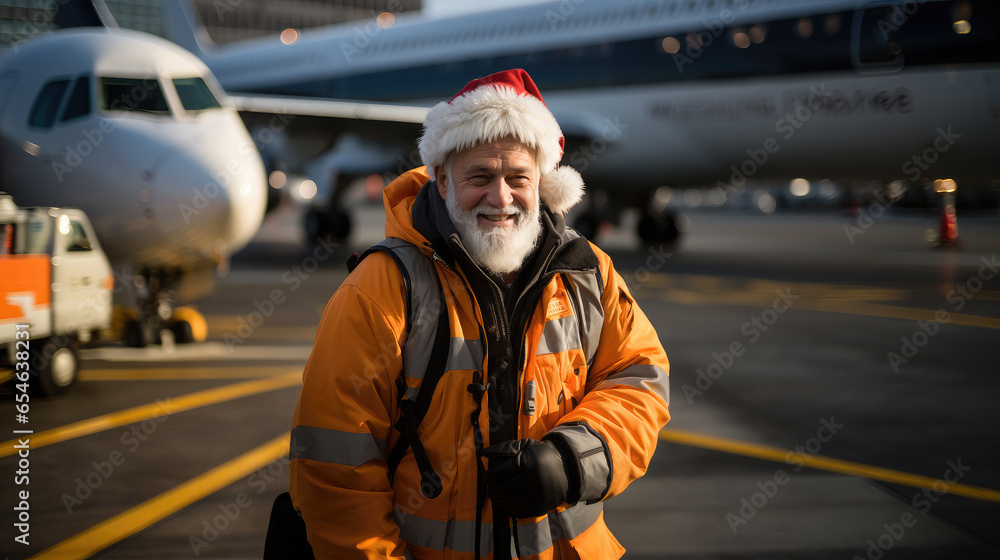 Generative AI, cheerful Santa Claus smiling against the background of a large passenger plane on the runway at the airport, new year, birth, holiday travel, air transport, fairy-tale character, winter Generative AI, cheerful Santa Claus smiling against the background of a large passenger plane on the runway at the airport, new year, birth, holiday travel, air transport, fairy-tale character, winter