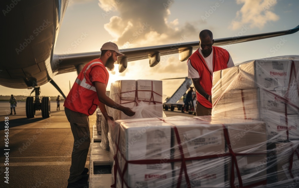 Aid workers unloading medical supplies from a cargo plane in a remote area. Generative AI - obrazy, fototapety, plakaty 